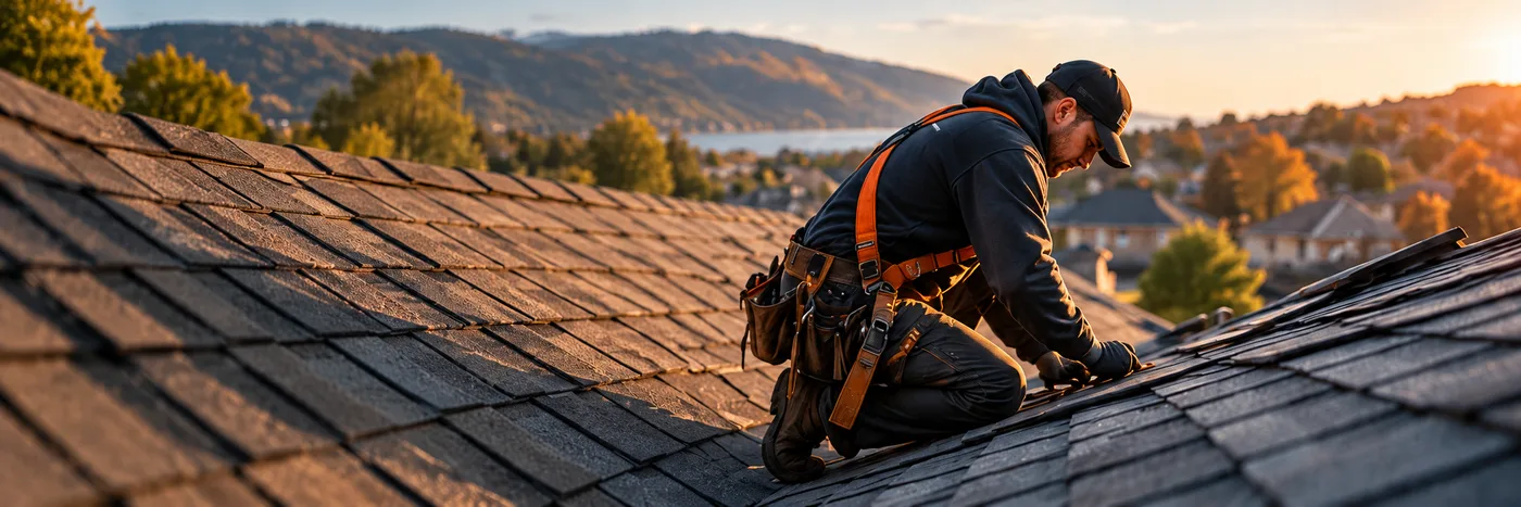 Roofer working on a shingle roof at golden hour
