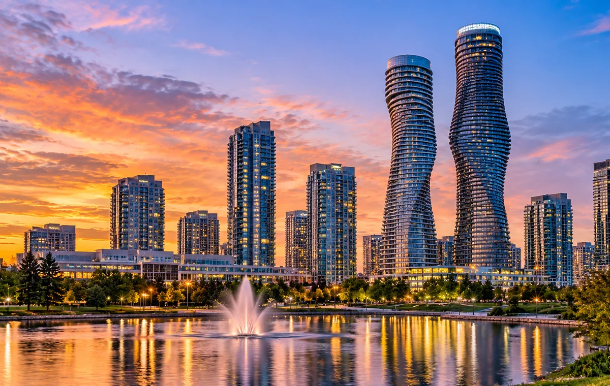 Mississauga skyline with the Absolute World towers at twilight