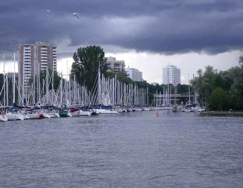 Boats and waterfront buildings at Oakville Harbour