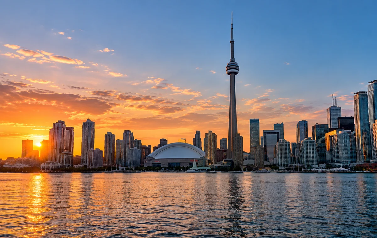 Toronto skyline and CN Tower at golden hour