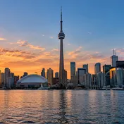 Toronto skyline and CN Tower at golden hour