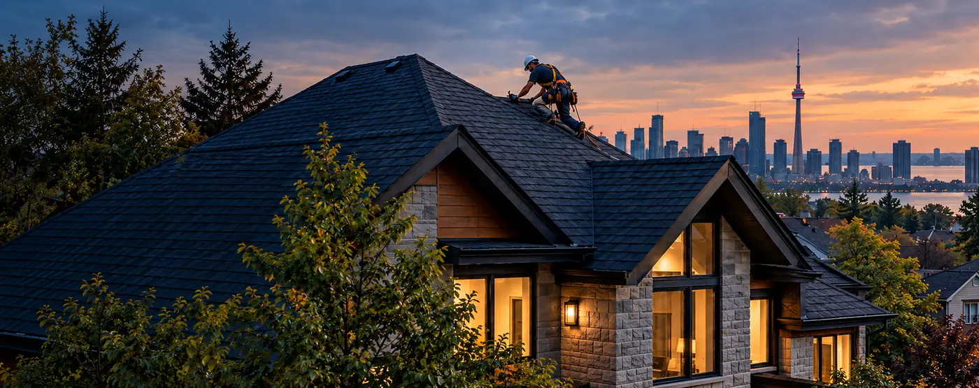 Roofer working on a shingle roof at dusk with the Toronto skyline and CN Tower in the distance