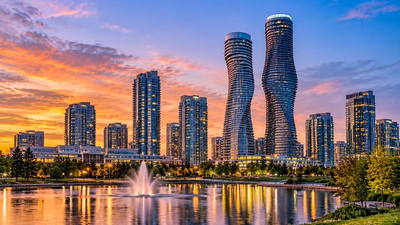 The Absolute World towers and Mississauga skyline at twilight