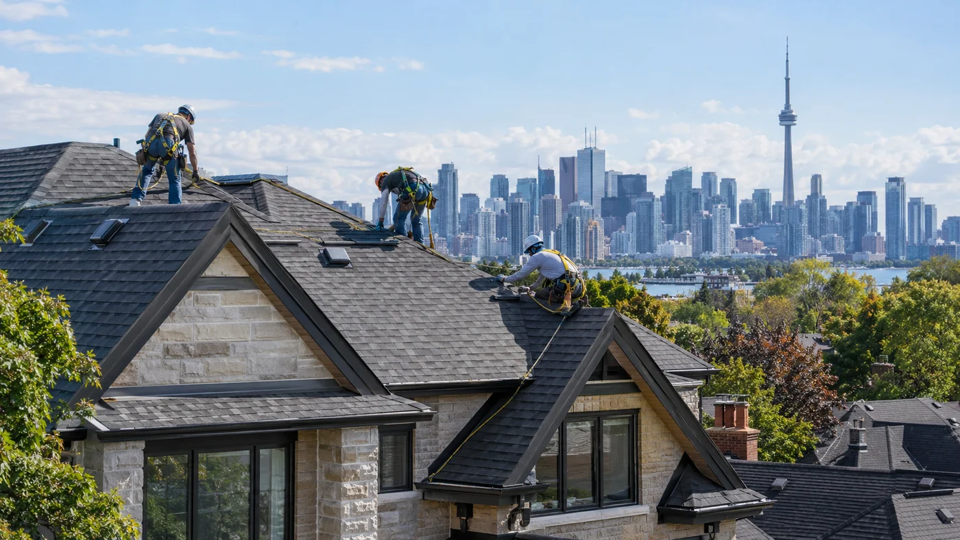 Three roofers working on a shingle roof with the Toronto skyline and CN Tower in the background
